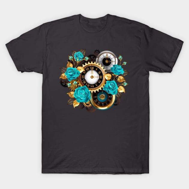 Steampunk Striped Background with Clock and Turquoise Roses T-Shirt by Blackmoon9